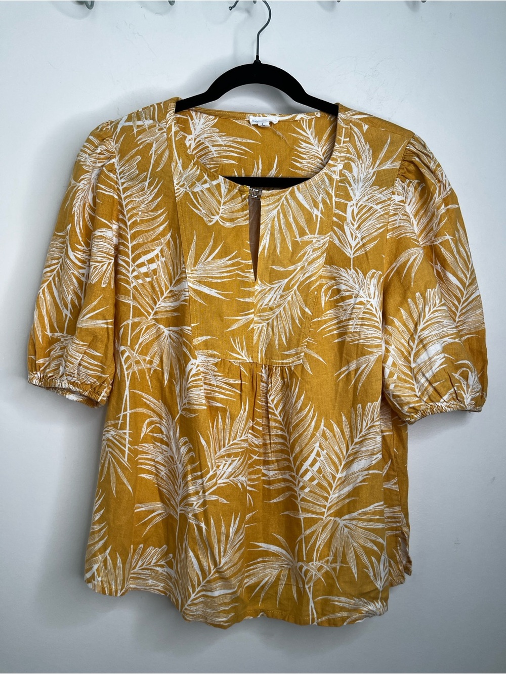 Sigrid Olsen Mustard PalmPrint Puff Sleeve Top Linen Blend L Vacay Resort Fall